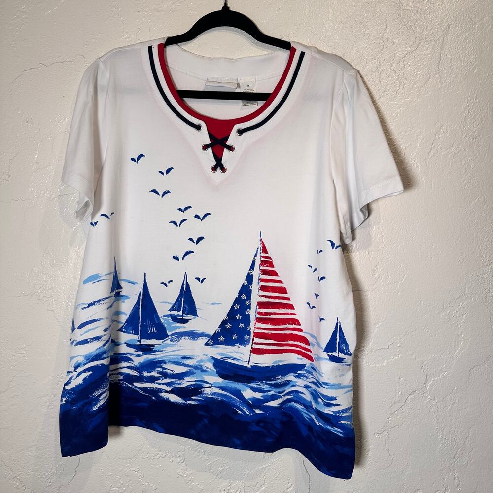 Vintage Alfred Dunner Women's Medium Sailboats Nautical Coastal T-Shirt V-Neck